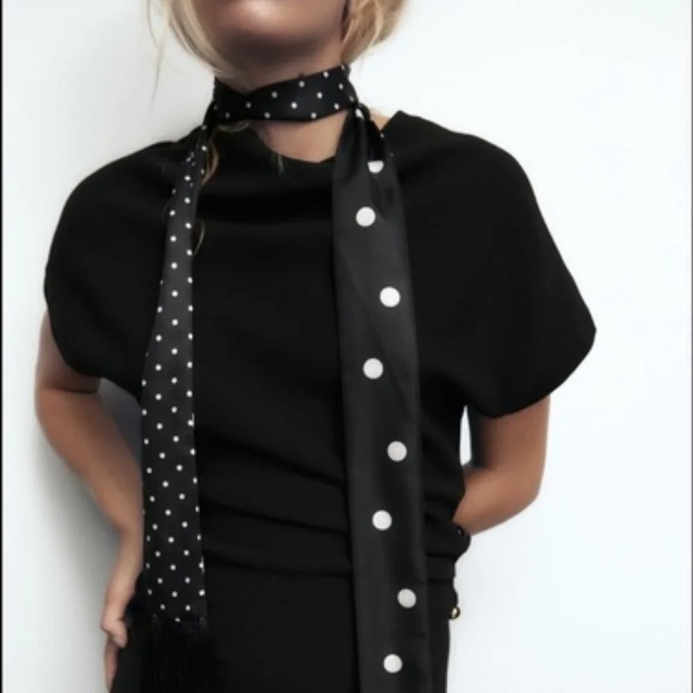 Zara Polka Dot Long Skinny Fringe Scarf